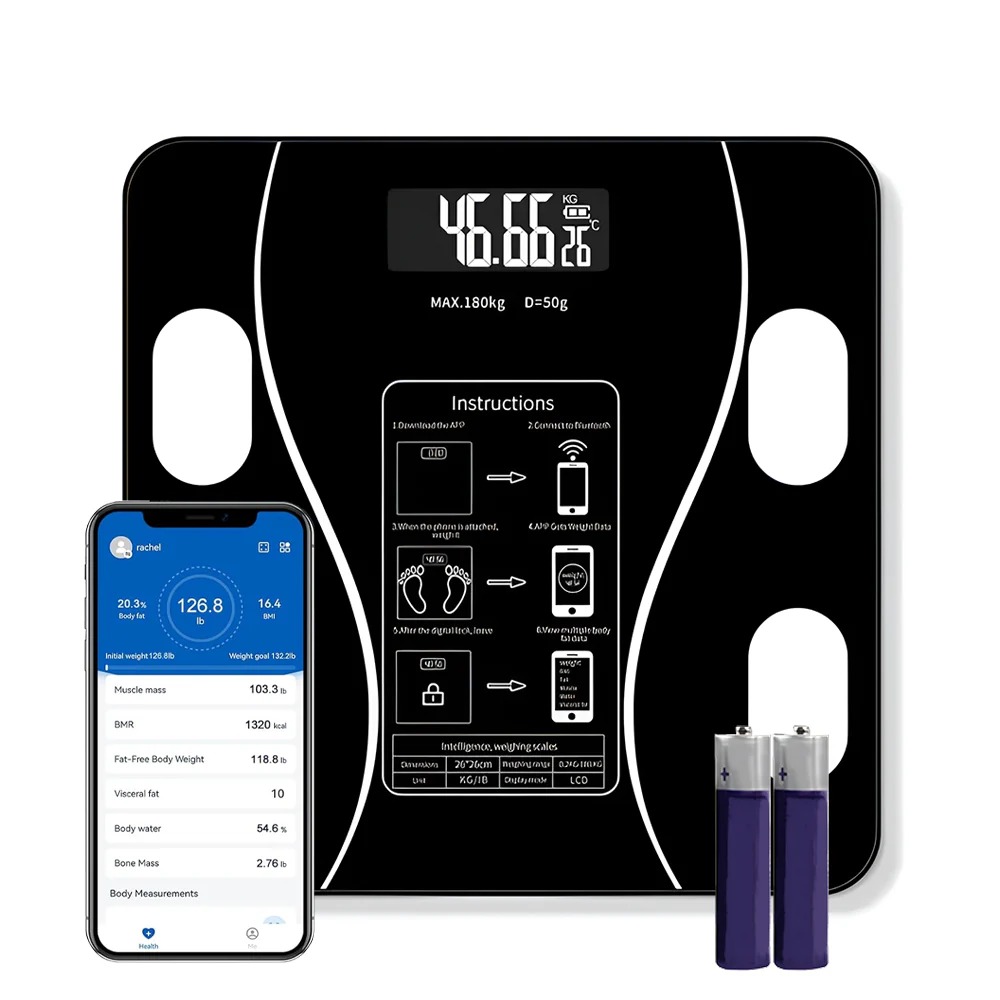 Cantar Electronic Inteligent Teno1285, pentru baie, corporal, aplicatie smart, indicator greutate/baterie/temperatura, conectare bluetooth, afisaj digital iluminat, greutate maxima suportata 180 kg, baterii incluse, negru
