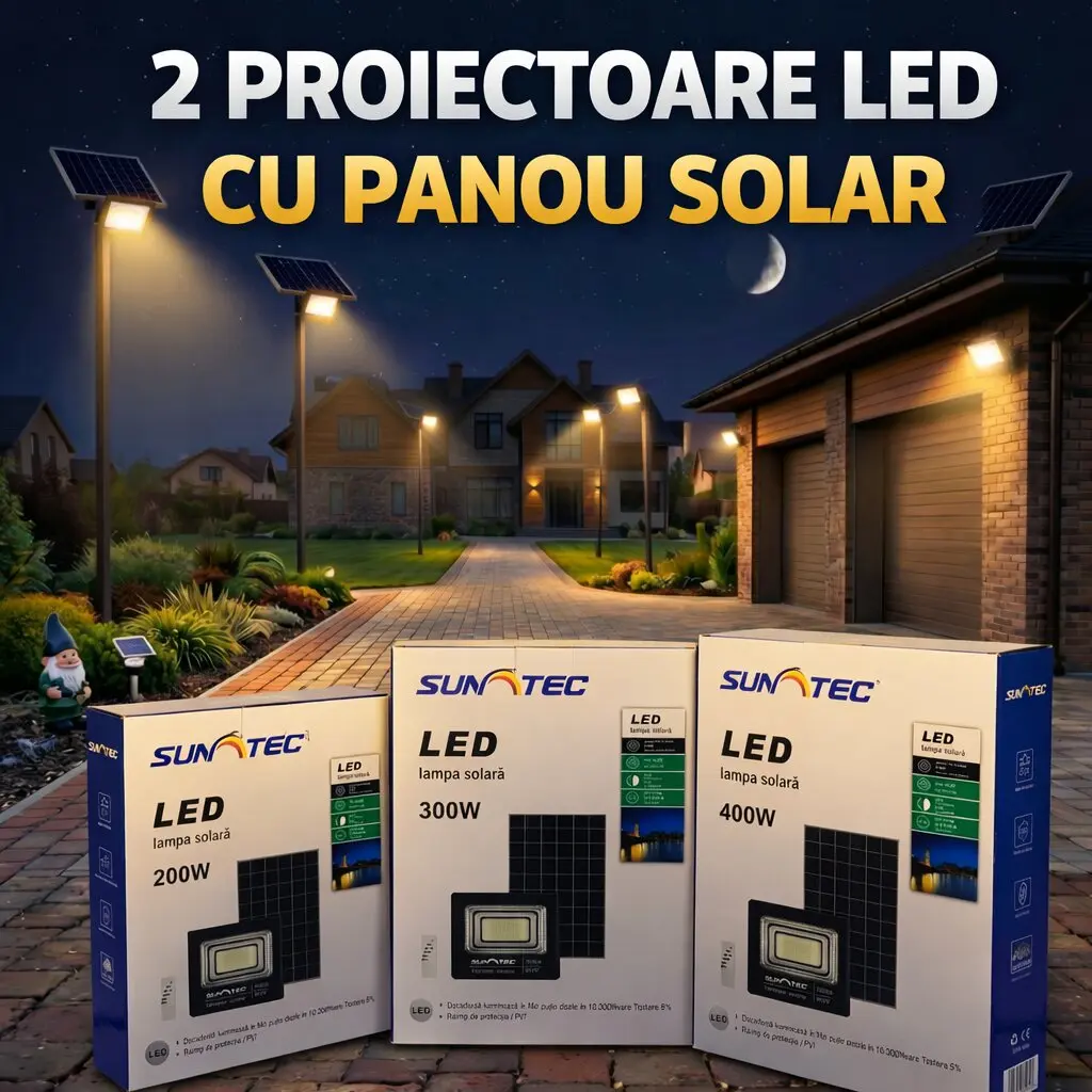 Set 2 Proiectoare LED 200w/300w/400w SUNTEC + 2 Panouri Solare 