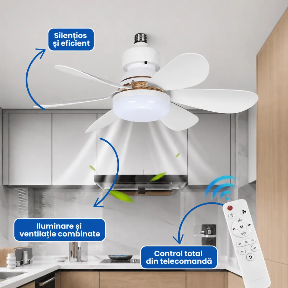 Ventilator cu Bec LED pentru Dulie E27 — 3 Viteze, Telecomanda