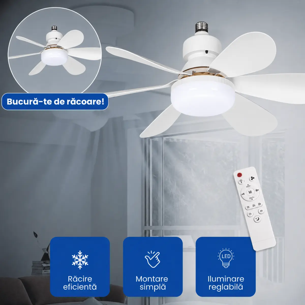 Ventilator cu Bec LED pentru Dulie E27 — 3 Viteze, Telecomanda